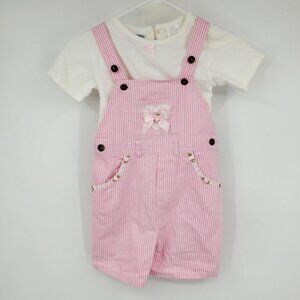 Vintage Young Hearts Pink Striped Girly Bow Coquette Overall Bib Set Size 6